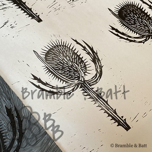 Linocut print of Teasel plants